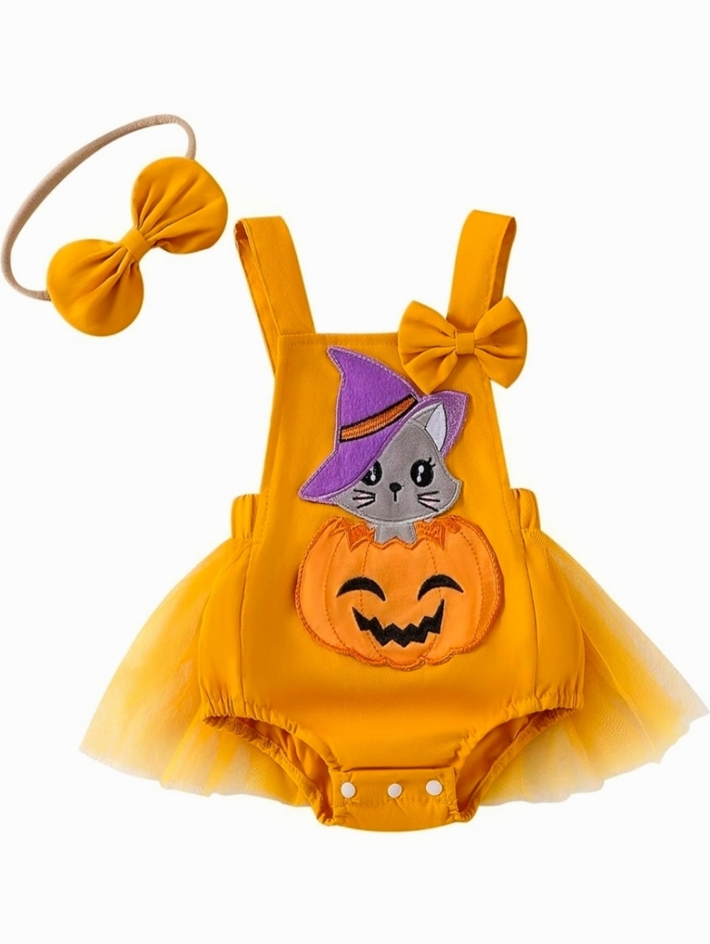 Orange Sleeveless Pumpkin Romper For Baby Girls With Matching Bow